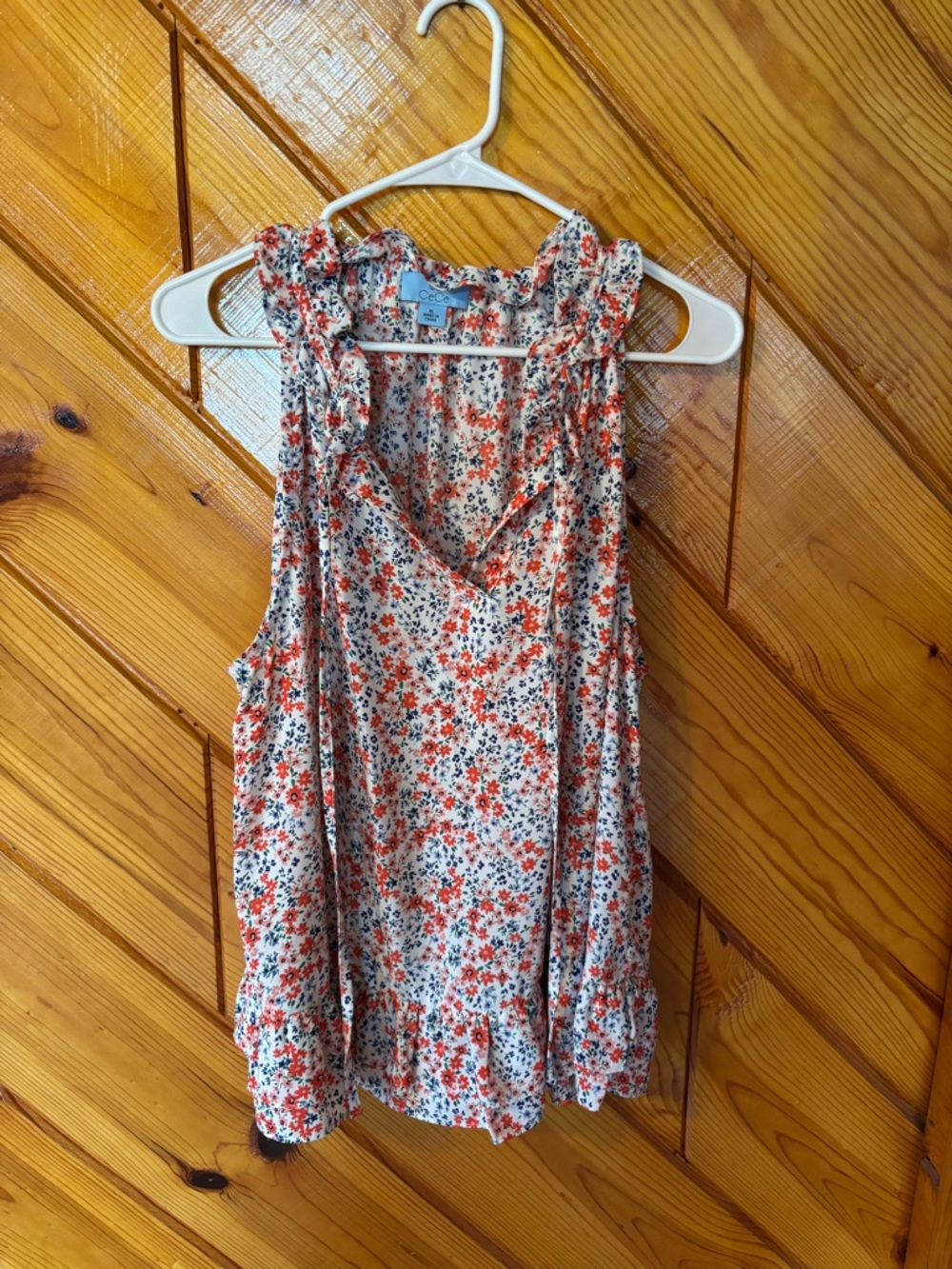 CeCe Coral & White Floral Ruffle V-Neck Camisole